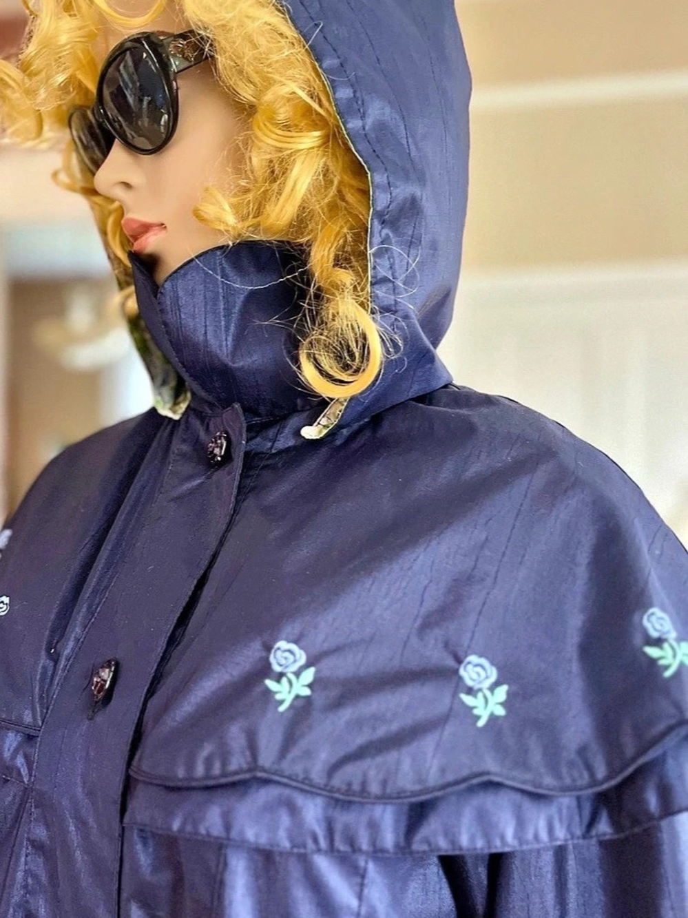 Hooded Embroidered Rain Cape Coat in Blue